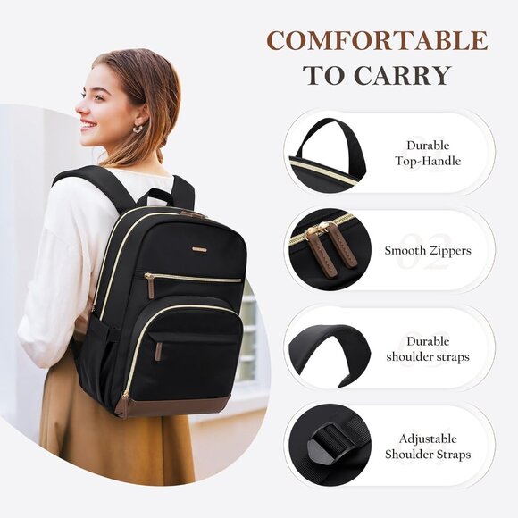 Women Black Computer Bag Casual Fits 16 Inch College Travel Backpacks - Picture 2 of 8